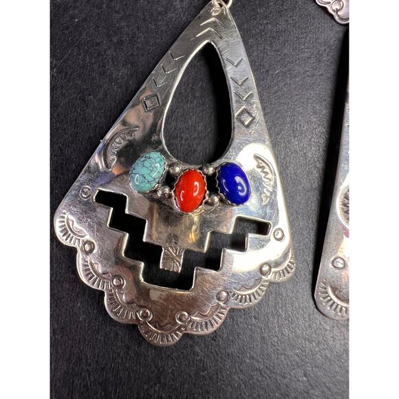 Vintage Navajo Joe Delgarito Sterling Silver Lapis Coral Turquoise Earrings - Picture 4 of 16